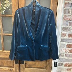 INC Blazer Petite Med Teal Velvet Lined Shawl Lapel One Button Plunge Jacket